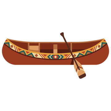 Traditional wooden canoe with paddle and native american inspired patterns, traditional boat
