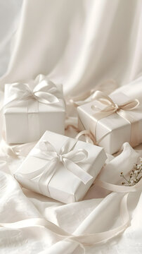 Three elegantly wrapped white gift boxes with satin ribbons placed on soft, flowing white fabric, creating a serene and luxurious atmosphere.