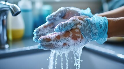 Fototapeta premium Person washing hands with gloves, soapy water, hygiene, cleanliness