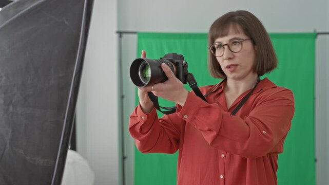 Woman in red shirt holds camera with both hands adjusting settings in studio; creative concentration.