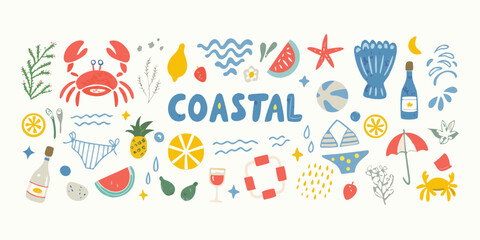colorful coastal illustration with summer themed objects and lettering © Prodip