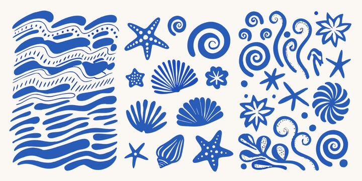 blue ocean elements pattern with waves and seashells
