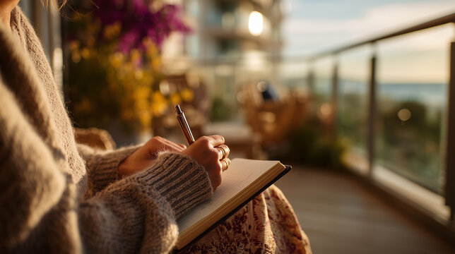 Hands writing in a notebook on a sunlit balcony at golden hour with ocean view and chunky knit sweater