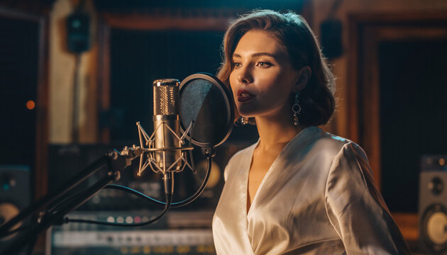 A woman singing into a microphone in a recording studio.