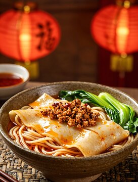 Traditional Biang Biang Mian noodles with minced meat and bok choy