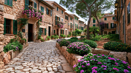 Naklejka premium Charming cobblestone path winding through a historic old town village with traditional stone