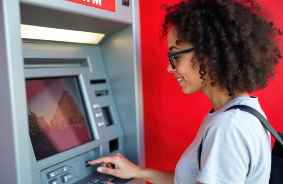 Woman smiles while using ATM. Traveler withdraws cash from machine abroad. She uses debit card for international transaction, easy access to funds.