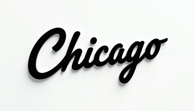 Black script text reading Chicago with a 3D shadow effect. Elegant typography on a clean white background. Modern design element for city branding and travel.