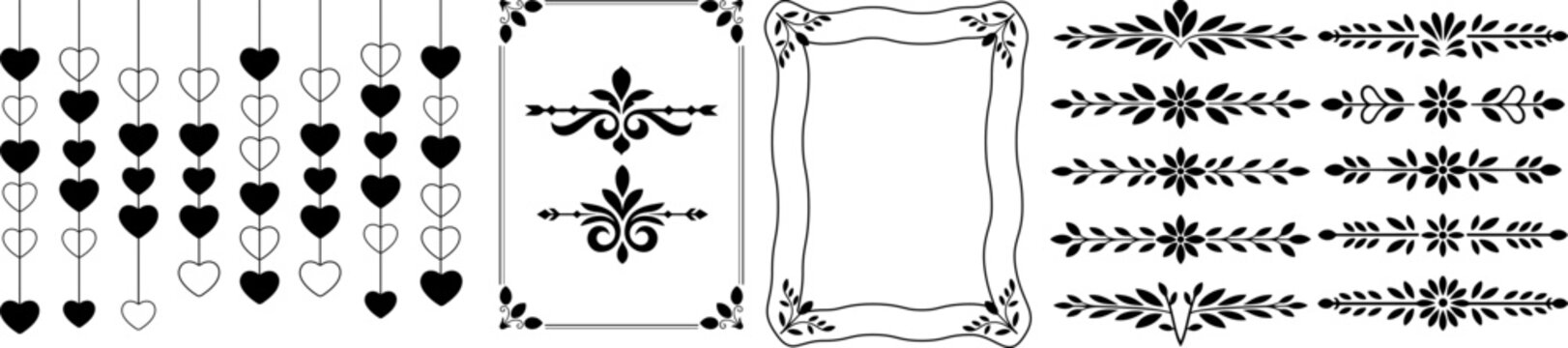 Vintage decorative border set, elegant floral ornaments and heart garlands, black filigree frames and dividers for wedding invitations and stationery