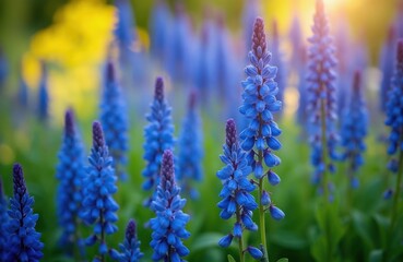 Obraz premium Blue Baptisia Australis flowers bloom in garden bed with soft green foliage, bright yellow bokeh light. Indigo spikes of flora stand tall, showcasing delicate petal shapes in natural outdoor sunlight.