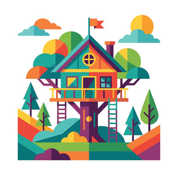 Colorful Treehouse With Flag On Top.