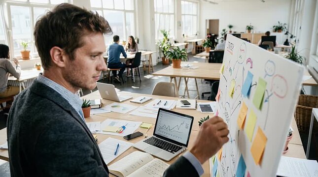 Businessman presenting ideas on a whiteboard in modern office space