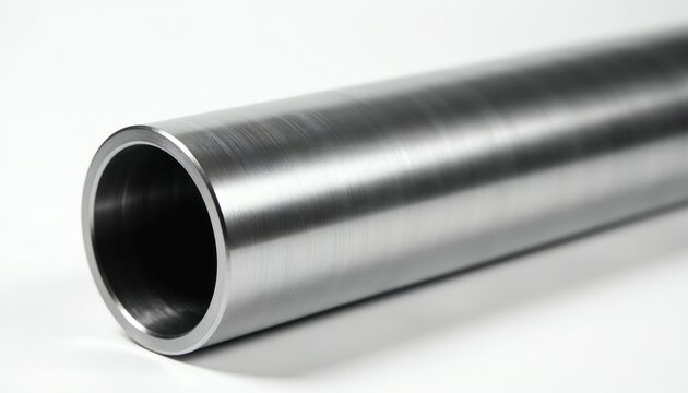 Shiny metal pipe section lies on white surface. Tubular steel with brushed texture demonstrates clean engineering. Useful for construction and manufacturing concepts. Precision industrial part.