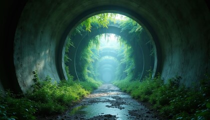 Fototapeta premium Concrete tunnel opens to lush green forest path. Light spills from arched ceiling creating mysterious atmosphere. Overgrown plants line the wet ground. Explore unknown destination.