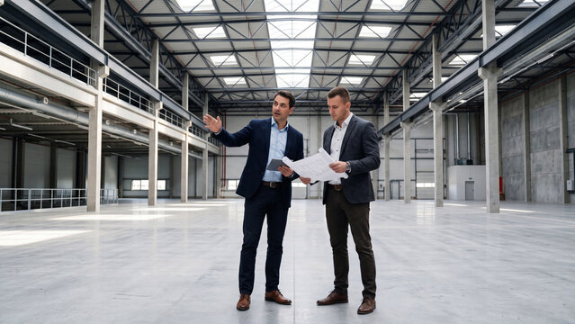 Two professional businessmen discussing construction plans inside a large empty industrial warehouse building