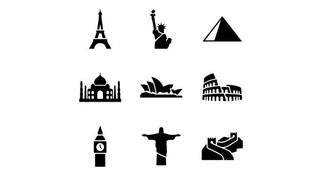 A collection of iconic global landmarks rendered as black silhouette icons on a white background.