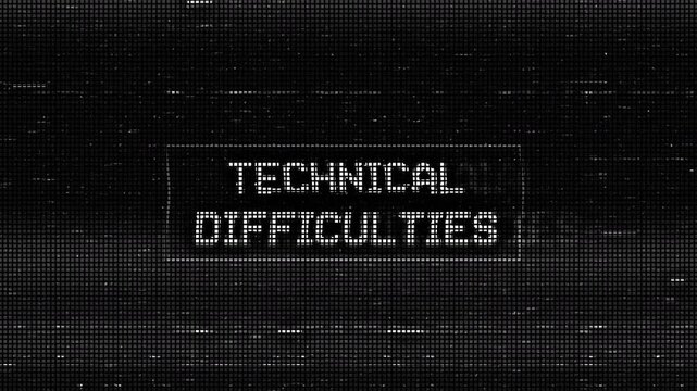 Retro television test pattern with animated technical difficulties text and CRT scanlines distortion.