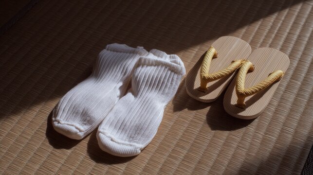 tabi. New Japanese tabi socks and geta sandals arranged on a tatami mat. lifestyle magazines, social media lookbooks, designed for lifestyle magazines and social media content, used by videographers.