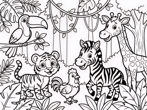 A whimsical coloring page featuring a toucan on a branch with a leopard cub rooster horse and giraffe surrounded by jungle leaves and flowers perfect for children to color and learn about animals