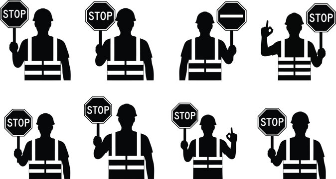 Construction worker silhouettes holding stop signs and traffic signals for road safety and site management vector set