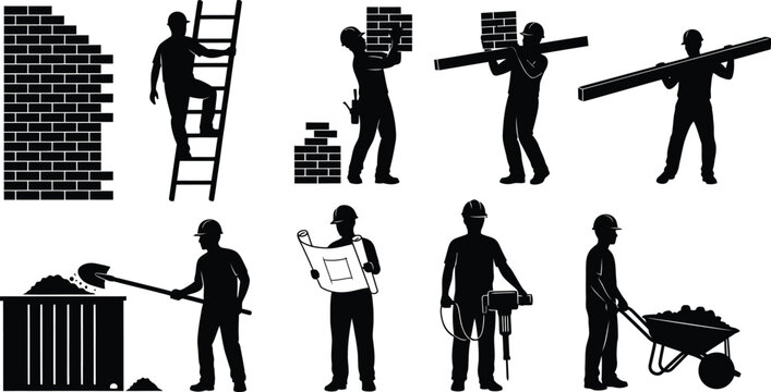 Construction worker silhouettes set with tools building materials and equipment for industrial and renovation project vector illustration