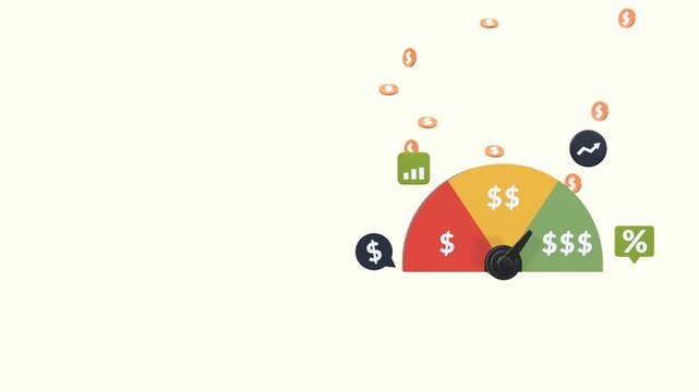 Animated money meter indicator showing a financial progress and growth concept with copy space. Suitable for business, investment, savings, finance analytics, and economic visualization projects.