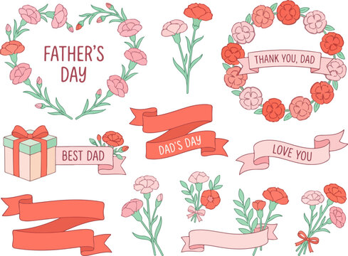 Happy Father&rsquo;s Day Floral Vector Set with Ribbon Banners, Carnation Flowers and Greeting Elements