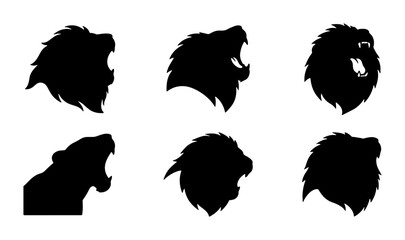 Six Black Lion Head Silhouettes, Roaring Feline Profiles, Majestic Big Cat Vector Icons, Powerful Wildlife Graphics, Fierce Animal Emblems © Rifat