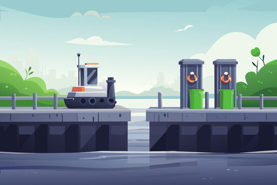 Futuristic River Cleanup Robot Dock Background Wit