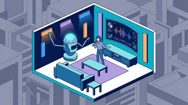 Futuristic Karaoke Room With Physical AI Robot And Singing Woman