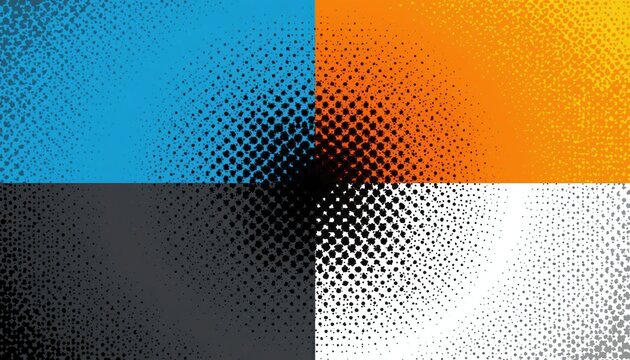 Four quadrants showcase different colored backgrounds with halftone dot patterns. Dots transition from dense to sparse, creating visual depth and texture. Graphic design elements for abstract art.