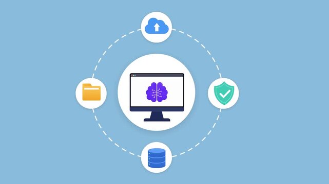 Animated AI computer interface connected with cloud storage, security, data management, and digital service icons in a modern technology network concept.