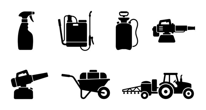 Pest Control Equipment Icons, Agricultural Machinery Silhouettes, Garden Tools Vector Set, Farming Sprayers and Tractors for Agriculture