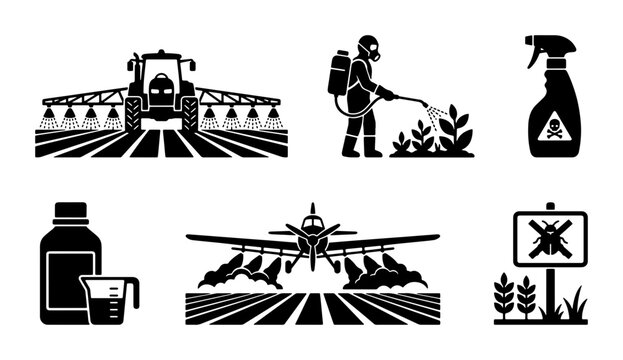 Agriculture Spraying Icons, Farming Pesticide Application Vector Set, Crop Protection Equipment and Symbols