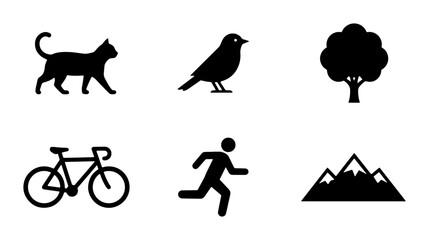 Black Silhouette Icons: Cat, Bird, Tree, Bicycle, Runner, Mountains. Simple Vector Graphics for Outdoor and Nature Themes, Lifestyle and Activity Concepts. © Tasmia