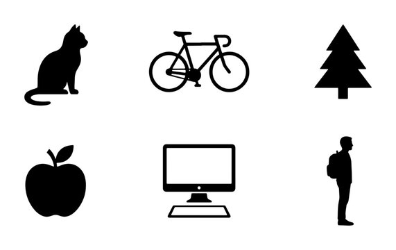 Minimalist Black Icons Set: Cat, Bicycle, Tree, Apple, Computer, Person Silhouette, Vector Graphics for Web and Print