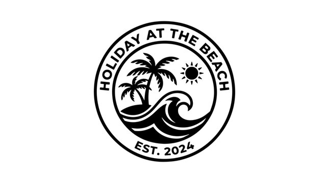 Circular emblem featuring a tropical island with palm trees, a breaking wave, and the sun, with text 'HOLIDAY AT THE BEACH EST. 2024'.