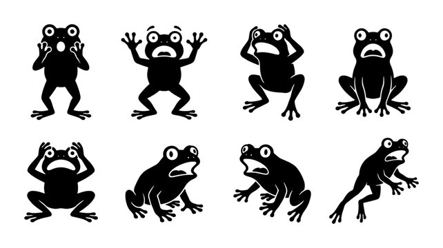 Set of 8 Black Frog Silhouettes, Expressing Shock and Fear, Vector Graphics for Wildlife and Emotion Concepts