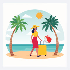 Obraz premium Woman with Suitcase and Beach Ball on Tropical Beach