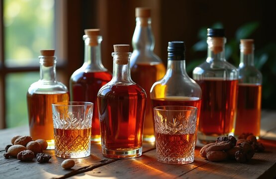 Assorted amber spirits in clear glass bottles and crystal tumblers sit on a rustic wooden table. Nuts and dried fruits surround drinkware, hinting at refined tasting or celebration.