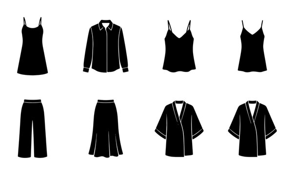 Black Silhouette Fashion Icons: 8 Vector Elements for Apparel Design, Clothing Mockups, and Style Guides