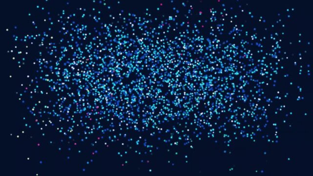 Retro pixel art animation with thank you text message appearing from digital confetti particles and glowing blue neon shapes on dark background for gaming stream ending video footage.