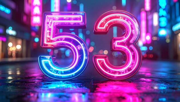 Neon numbers 53 glowing brightly on wet city street at night