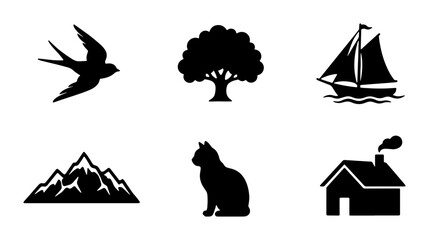 Obraz na płótnie Canvas Minimalist Silhouette Icons: Bird, Tree, Sailboat, Mountains, Cat, House, Vector Graphics for Nature, Travel, Home & Pets
