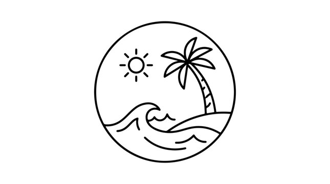Minimalist line art illustration of a tropical beach scene with a palm tree, sun, and ocean waves inside a circle.