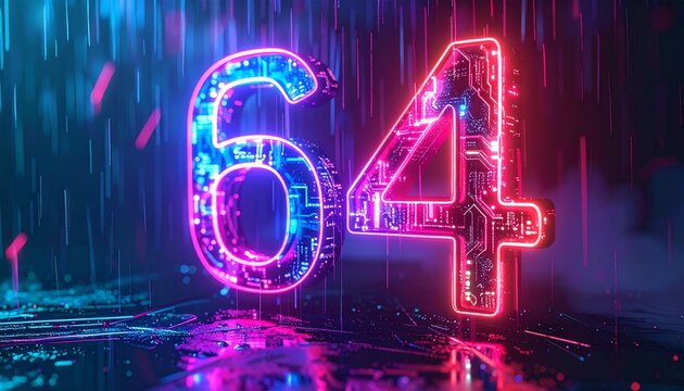 Neon numbers sixty-four shine brightly in rain at night