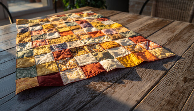 Colorful patchwork quilt laid out on wooden table.