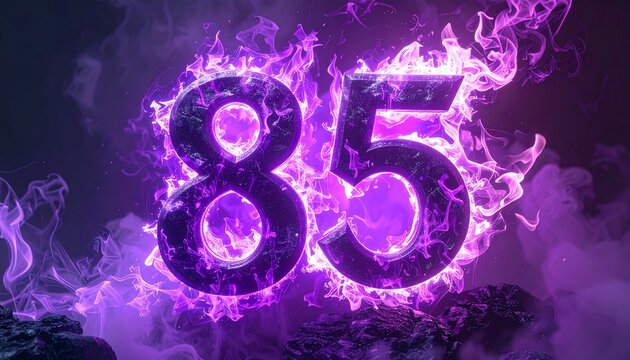 The number 85 engulfed in purple flames with smoke surrounds it.