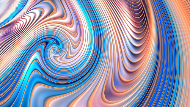 Abstract iridescent striped spiral pattern background. Fractal render.