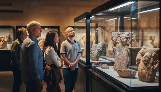 Group of people observing ancient artifacts in a museum display case.